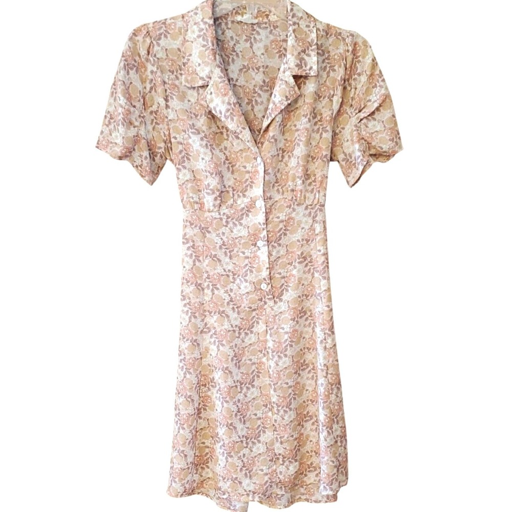 Hem & Thread Floral Button Down Mini Dress Muted Peach Cottagecore Boho Size S